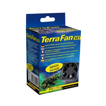 Verpackung des Terra Fan Sets für Terrarien und Aquarien, mit einem Niederspannungsventilator, mehrsprachigem Text und einem Lüftergeschwindigkeitsindikator.