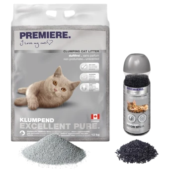 "Premiere Klumpstreu Beutel (12 kg, unbeduftet) mit grauem Katzenbild, neben einer Excellent Odor Stop Flasche und einem Streuhaufen."