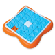 Interaktives Haustierpuzzle-Spielzeug mit einem blauen Pfotenabdruckdesign auf einer quadratischen orangefarbenen Basis, mit einem zentralen weißen Block.