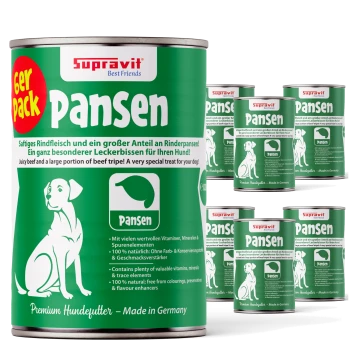 Grünes Dosen-Hundefutter mit der Aufschrift 'Pansen' von Supravit, mit einer Hundillustration, und Text, der den saftigen Rind- und Panseninhalt hervorhebt.