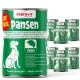 Grünes Dosen-Hundefutter mit der Aufschrift 'Pansen' von Supravit, mit einer Hundillustration, und Text, der den saftigen Rind- und Panseninhalt hervorhebt.