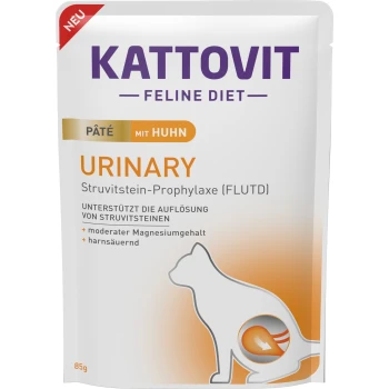 Urinary Nassfutter Katze Paté Huhn 10x85 g Kattovit Feline Diet Urinary Katzenfutterbeutel, 85g, Hühnerpastetenformel unterstützt die Auflösung von Struvitsteinen mit moderatem Magnesium.