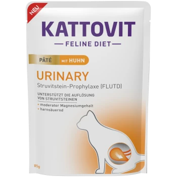 Pochette de nourriture pour chats Kattovit Feline Diet Urinary, 85g, formule pâté de poulet soutenant la dissolution des pierres de struvite avec un magnésium modéré.