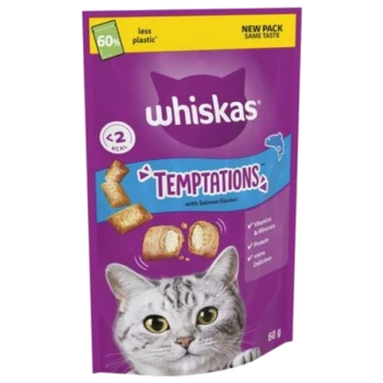 Whiskas Temptations cat treats with salmon flavor, featuring a gray cat's face and images of crunchy treats on a purple bag.