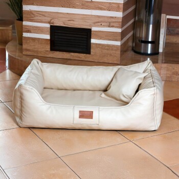 Cremefarbenes rechteckiges Haustierbett mit Kissen, auf gefliestem Boden nahe einer Steinmauer und einem Metallmülleimer.