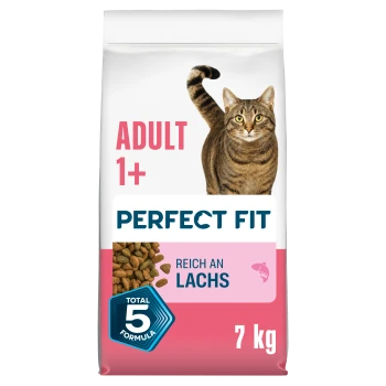 Perfect Fit Katzentrockenfutterbeutel für Erwachsene (7 kg) mit getigerter Katze, Kennzeichnungen 'ADULT 1+', 'PERFECT FIT', 'REICH AN LACHS', 'TOTAL 5'.