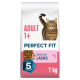 Perfect Fit Katzentrockenfutterbeutel für Erwachsene (7 kg) mit getigerter Katze, Kennzeichnungen 'ADULT 1+', 'PERFECT FIT', 'REICH AN LACHS', 'TOTAL 5'.