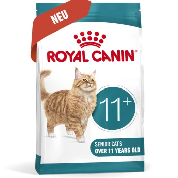 Royal Canin Senior Katzenfutter für Katzen über 11 Jahre, mit Bild einer rotgetigerten Katze und „NEU“-Label.