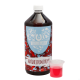 Eine Magnesium-Trinkflasche mit einem blauen und roten Etikett, das "MAGNESIUM DRINK" und "TIERLIEBHABER" liest, neben einer kleinen Tasse mit rosa Flüssigkeit.