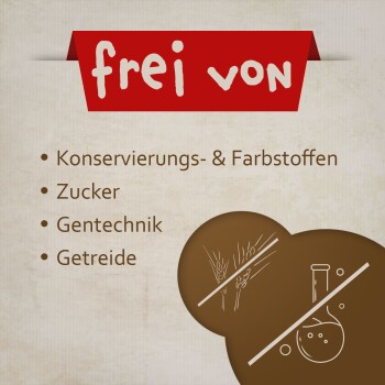 Braune Pfoten-Grafik mit einem roten "frei von" Banner, das auflistet: Konservierungsstoffe, Zucker, Gentechnik und Getreide.