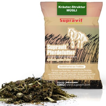 Supravit Kräuter-Struktur MÜSLI 15KG Pferdefuttersack mit Haufen Kräutermüsli, sichtbarer Text 'Supravit Pferdefutter' und 'einfach gutes Futter'