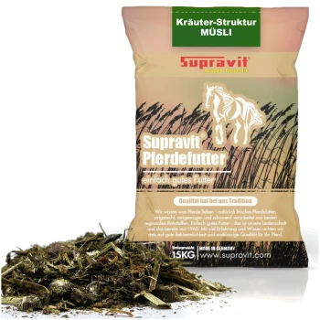 Supravit Kräuter-Struktur MÜSLI 15KG Pferdefuttersack mit Haufen Kräutermüsli, sichtbarer Text 'Supravit Pferdefutter' und 'einfach gutes Futter'