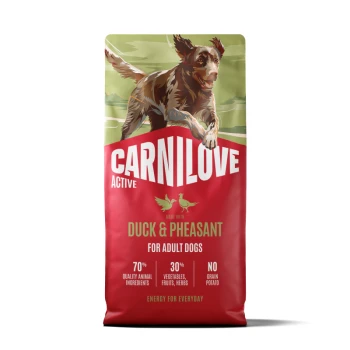 Sac Carnilove Active avec illustration d'un chien courant, Canard & Faisan pour chiens adultes, 70 % d'ingrédients d'origine animale.