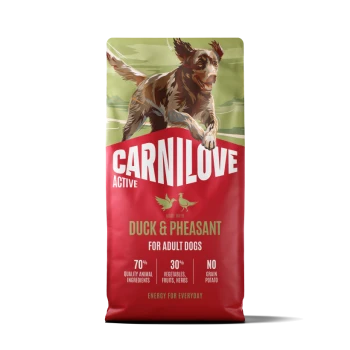 Sac Carnilove Active avec illustration d'un chien courant, Canard & Faisan pour chiens adultes, 70 % d'ingrédients d'origine animale.