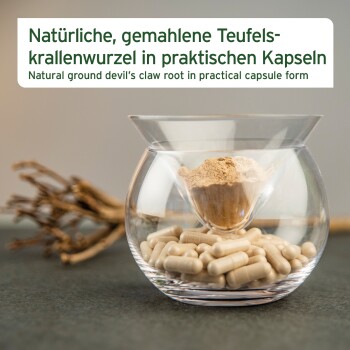 Glasschale mit beigen Teufelskralle-Kapseln und Pulver, dahinter getrocknete Wurzel; Text: 'Natürliche gemahlene Teufelskralle-Wurzel'.