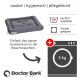 Graues Hundebett mit gestepptem Design, beschriftet mit "Doctor Bark," mit Waschhinweisen: maschinenwaschbar bis 95°C und trocknergeeignet.
