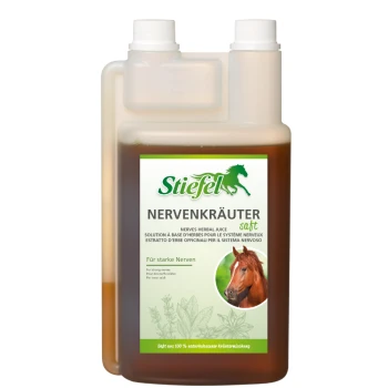 Flasche Stiefel Nervenkraüter Kräutersaft für Pferde, beschriftet mit 'NERVENKRÄUTER' und 'Für starke Nerven', mit einem Pferdebild.