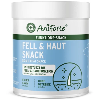 Weiße AniForte-Dose mit der Aufschrift 'Fell & Haut Snack / Skin & Coat Snack', getreidefrei, schmackhaftes Lamm.
