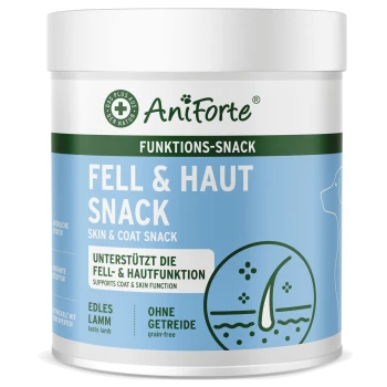 Weiße AniForte-Dose mit der Aufschrift 'Fell & Haut Snack / Skin & Coat Snack', getreidefrei, schmackhaftes Lamm.
