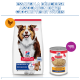 Sac Hill's Science Plan et boîte de pâté au poulet, alimentation pour chien Mature Adult 7+. Texte : « Hill's Science Plan », « Mature Adult 7+ ».