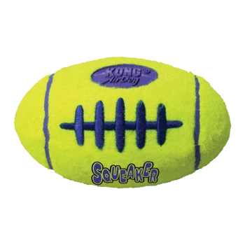Hellgelb-grünes KONG AirDog Quietscher-Football-Hundespielzeug mit lila Schnürsenkeln.