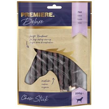 Premiere Deluxe Kaustick-Paket für Hunde, mit einer Pferdesilhouette, mit Text, der "langanhaltendes Kauen" und "mittel" angibt.