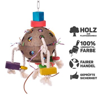 Buntes Vogelspeilzeug aus Kokosnussschale und Holz, mit Seilen und kleinen Blöcken, mit Text, der umweltfreundliche Materialien und Sicherheit hervorhebt.