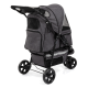 Ein grauer Haustierbuggy mit einem Netzdach, großen Aufbewahrungstaschen und schwarzen Rädern, entworfen für den komfortablen Transport kleiner Haustiere.