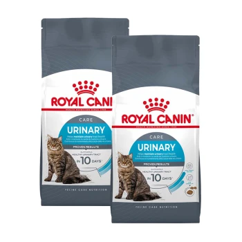 Zwei Tüten Royal Canin Urinary Care Katzenfutter, mit einer getigerten Katze und Text über die Vorteile der Harnwegsgesundheit und Ergebnissen in 10 Tagen.