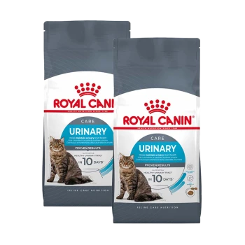 Zwei Tüten Royal Canin Urinary Care Katzenfutter, mit einer getigerten Katze und Text über die Vorteile der Harnwegsgesundheit und Ergebnissen in 10 Tagen.