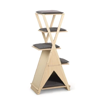 Drapak Mirza, z drewna Drewniana drabinka dla kotów z czterema szarymi, wyściełanymi platformami i przytulnym schowkiem na dole, zaprojektowana dla komfortu i zabawy zwierząt.