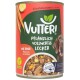 Vutter! vegane Hundefutterdose mit einem braunen Hund, mit dem Text "Pflanzlich Vollwertig Lecker" und Zutaten wie Karotten und Kartoffeln.
