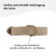 Beige Haustierhalsband mit einem goldenen D-Ring für eine einfache Leinenbefestigung, begleitet von deutschem Text, der seine Eigenschaften erklärt.