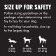 Pet sizing chart: "SIZE UP FOR SAFETY" with S/M/L dog silhouettes and weights S ≤35 lb, M 30–65 lb, L 60–90 lb