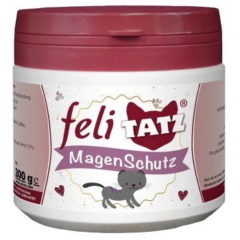 Behälter von 'feli TATZ MagenSchutz', einem Haustier-Nahrungsergänzungsmittel für die Verdauungsgesundheit, ausgestattet mit einer Cartoon-Katze und Details in deutscher Sprache.