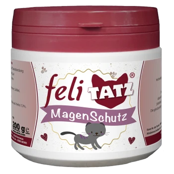 Behälter von 'feli TATZ MagenSchutz', einem Haustier-Nahrungsergänzungsmittel für die Verdauungsgesundheit, ausgestattet mit einer Cartoon-Katze und Details in deutscher Sprache.