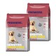 Twee zakken Premiere Sensitive Grain Free Adult hondenvoer, elk 12 kg, met een hondenafbeelding en tekst in meerdere talen over ingrediënten.