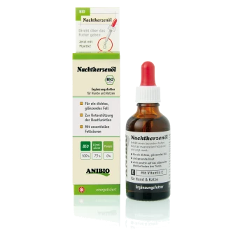 Flasche mit Nachtkerzenöl (Abendprimelöl) für Haustiere, mit einer Pipette, fördert die Haut- und Fellgesundheit und ist mit Vitamin E angereichert.