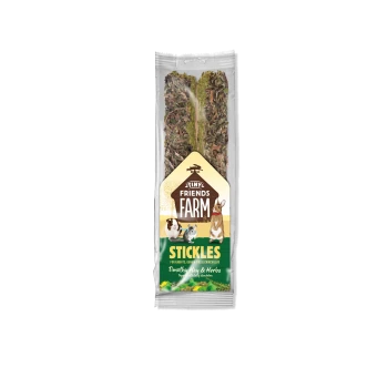 Tiny Friends Farm Stickles Timothy Hay & Herbs treat for rabbits, guinea pigs, and chinchillas with dandelion topping.