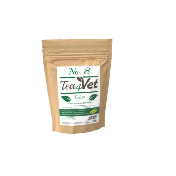 Braune Papiertüte mit der Aufschrift "No. 8 Tea4Vet Leber" mit grünem Blätterdesign, das eine natürliche Kräutermischung für Haustiere anzeigt.
