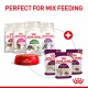 Image of various Royal Canin cat food products, including dry food bags and wet food pouches, with a red bowl and the text "PERFECT FOR MIX FEEDING."