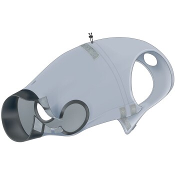 Ein grauer Hundemaulkorb mit einem runden Design, mit verstellbaren Riemen und einer sicheren Passform, vor einem weißen Hintergrund präsentiert.