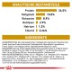 Nährwerttabelle für Haustierfutter, die Zutaten und analytische Komponenten detailliert, einschließlich Protein 34,5%, Fett 15% und mehr.