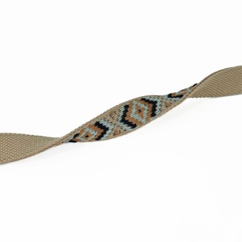 Eine stilvolle Hundeleine mit einem gewebten Design und geometrischen Mustern in Blau, Orange und Schwarz auf einem beigen Hintergrund.