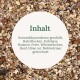 Nahaufnahme einer Vogelfuttermischung mit weißem Kreis mit der Aufschrift 'Inhalt' (deutsches Wort für 'Contents')