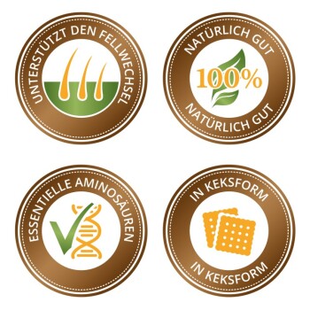 Vier runde Abzeichen mit Ansprüchen an Haustierprodukte: "Unterstützt den Fellwechsel," "100% natürlich," "Essentielle Aminosäuren," und "Keksform."