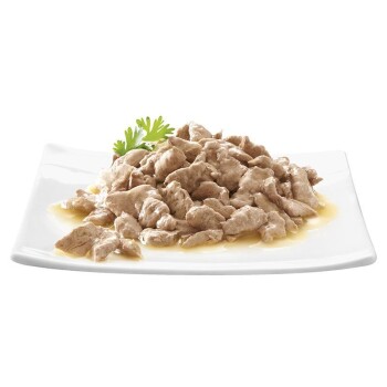 Teller mit feuchtem, zerrissenem Fleisch in Soße, garniert mit einem Zweig Koriander, vor einem weißen Hintergrund.