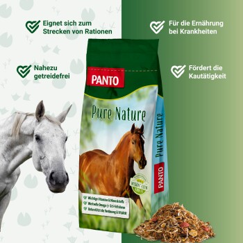 PANTO Pferdefutter Tüte mit braunen und grauen Pferden. Text: "Nahezu getreidefrei," "Für die Ernährung bei Krankheiten," "Fördert die Kautigkeit."