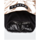 Beige-schwarze Haustierjacke mit Kapuze, elastischem Kordelzug, glänzend schwarzem Futter und einem Etikett mit der Aufschrift 'PAIKKA' (umgedreht)