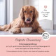 Golden Retriever liegt neben einer weißen Schüssel, Banner lautet „Mit Dosierlöffel und viel Liebe!“, Text „Einfache Anwendung“ sichtbar.